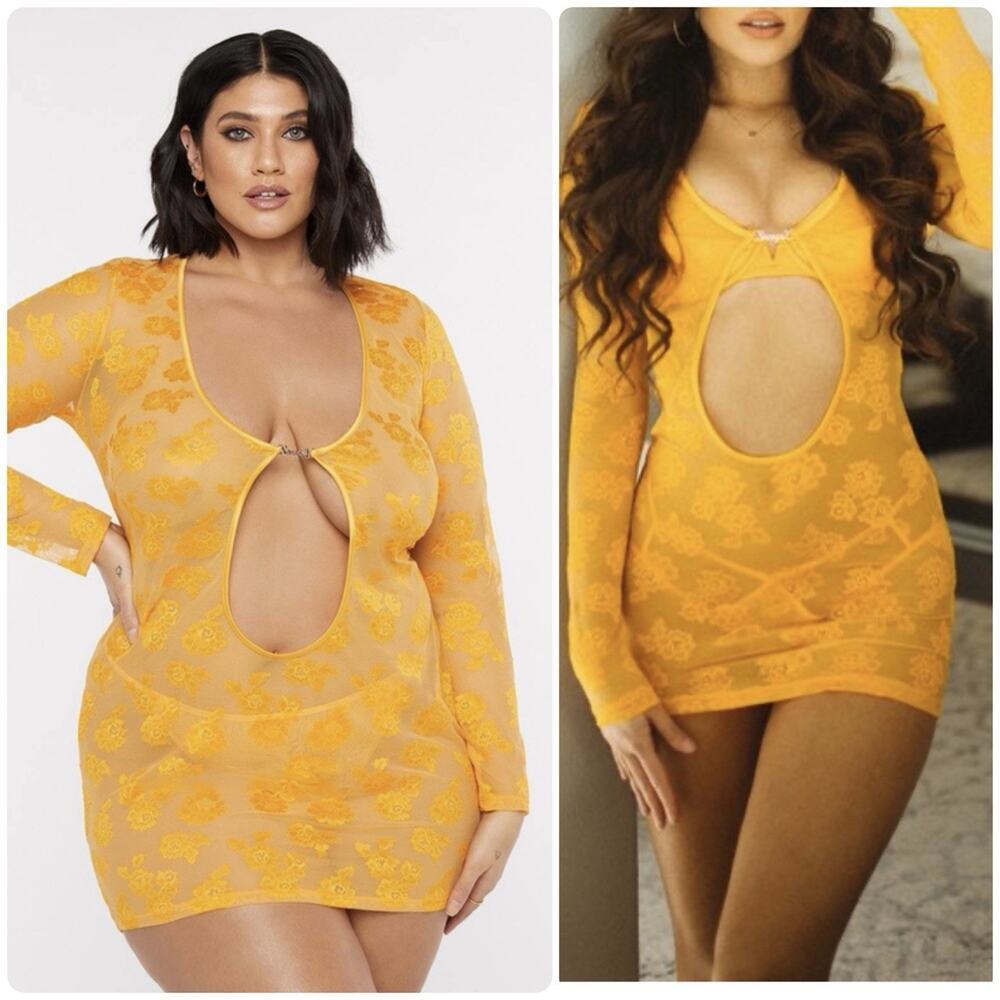 Savage X Fenty Orange Floral Lace Keyhole Cut Out Lingerie Mini Slip Dress Sz XL